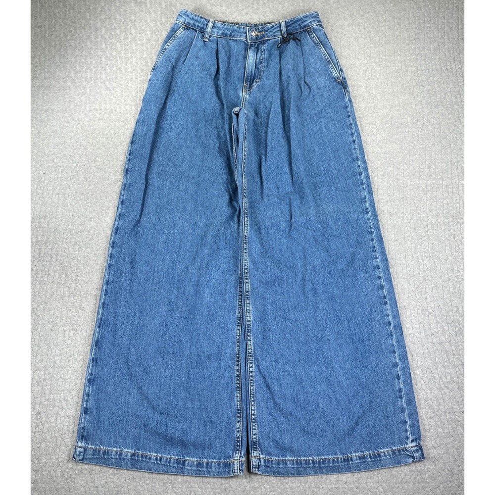 New Zara Jeans Womens 6 Blue Wide Leg Pleated High Waisted Denim Baggy‎ Pants